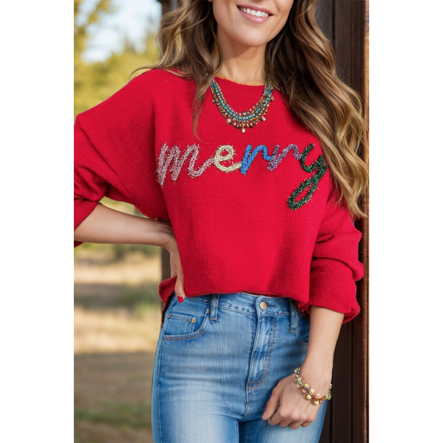 MERRY Round Neck Long Sleeve Sweater Deep Red / S Apparel and Accessories