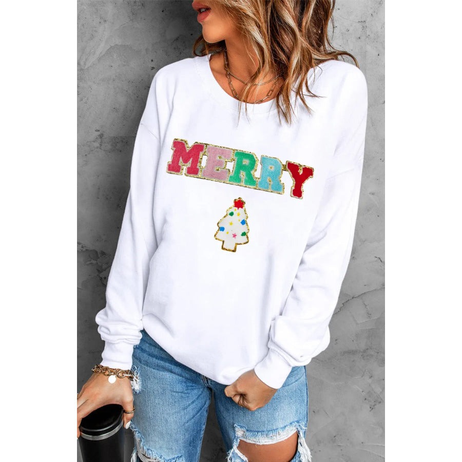 MERRY Round Neck Long Sleeve Sweatshirt White / S Apparel and Accessories