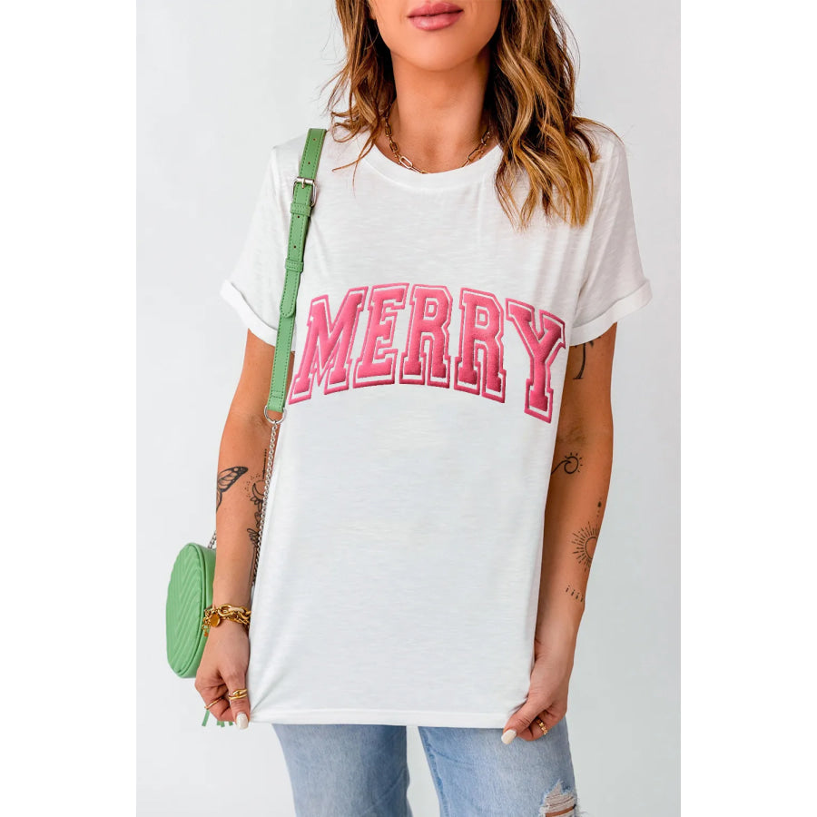 MERRY Round Neck Short Sleeve T-Shirt White / S Apparel and Accessories