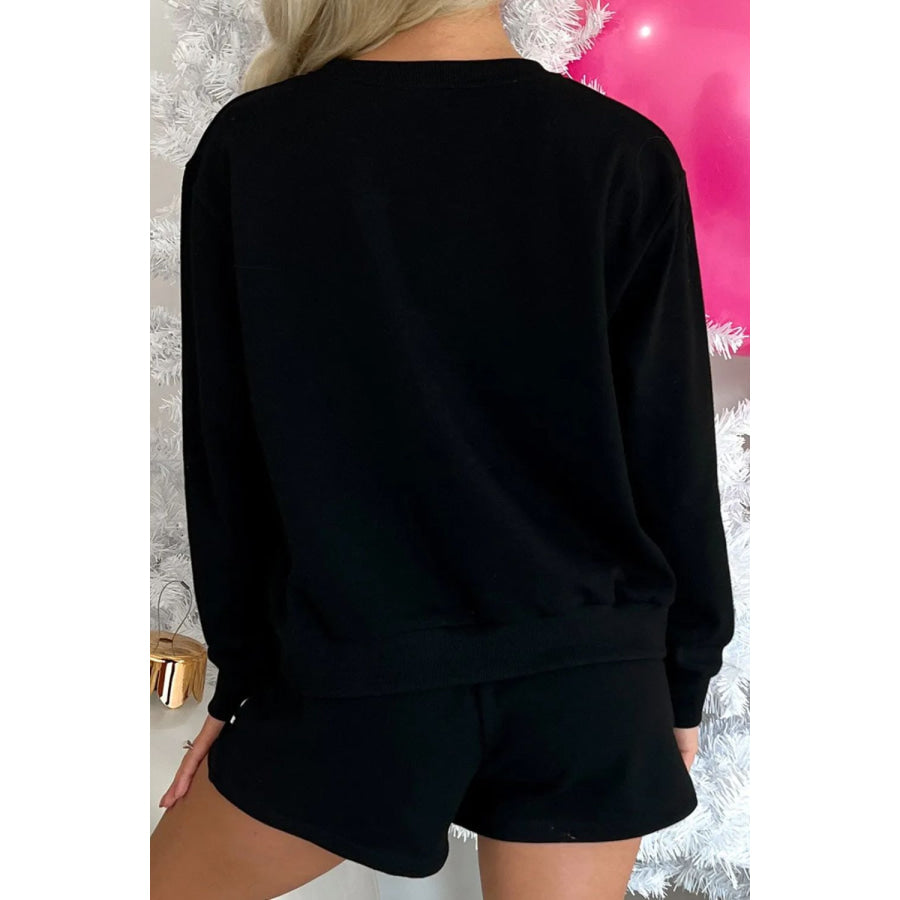 MERRY Sequin Round Neck Long Sleeve Top and Shorts Set Black / S Apparel and Accessories