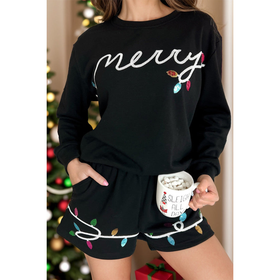 MERRY Sequin Round Neck Long Sleeve Top and Shorts Set Black / S Apparel and Accessories