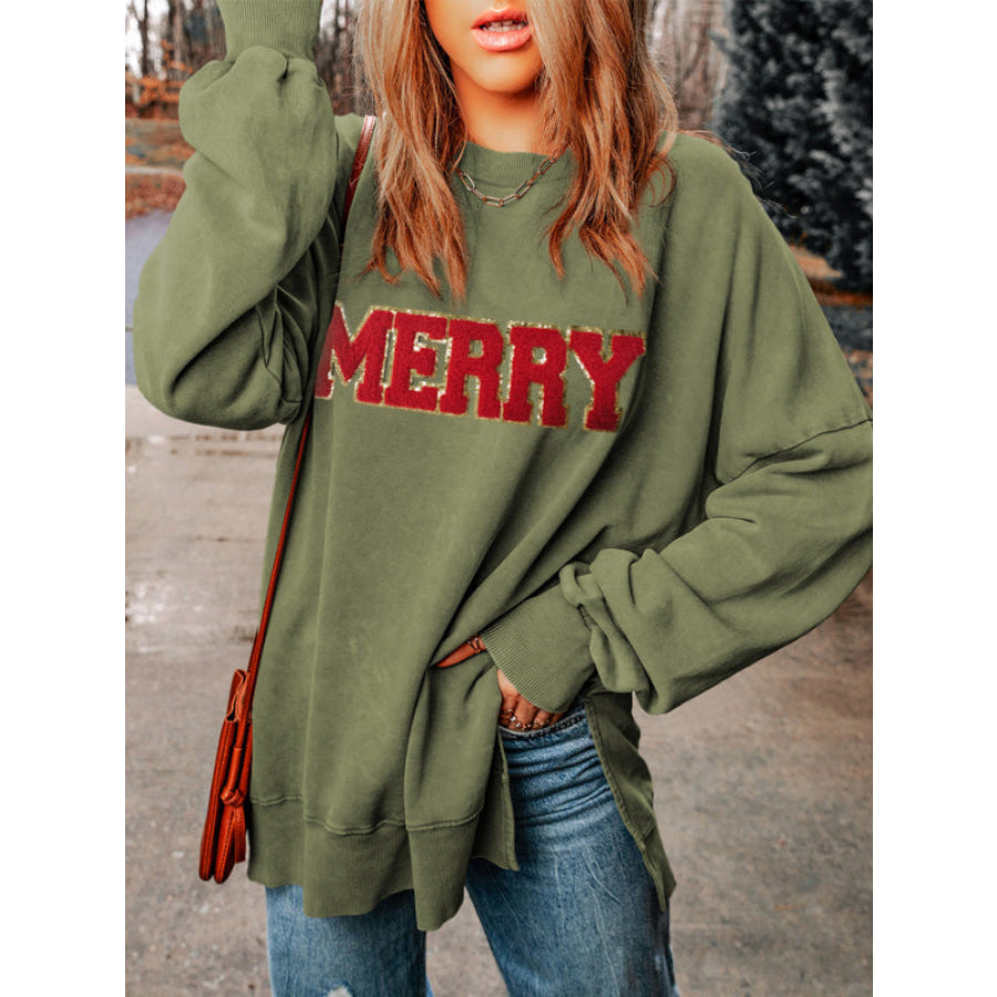 MERRY Side Slit Long Sleeve Sweatshirt Apparel and Accessories