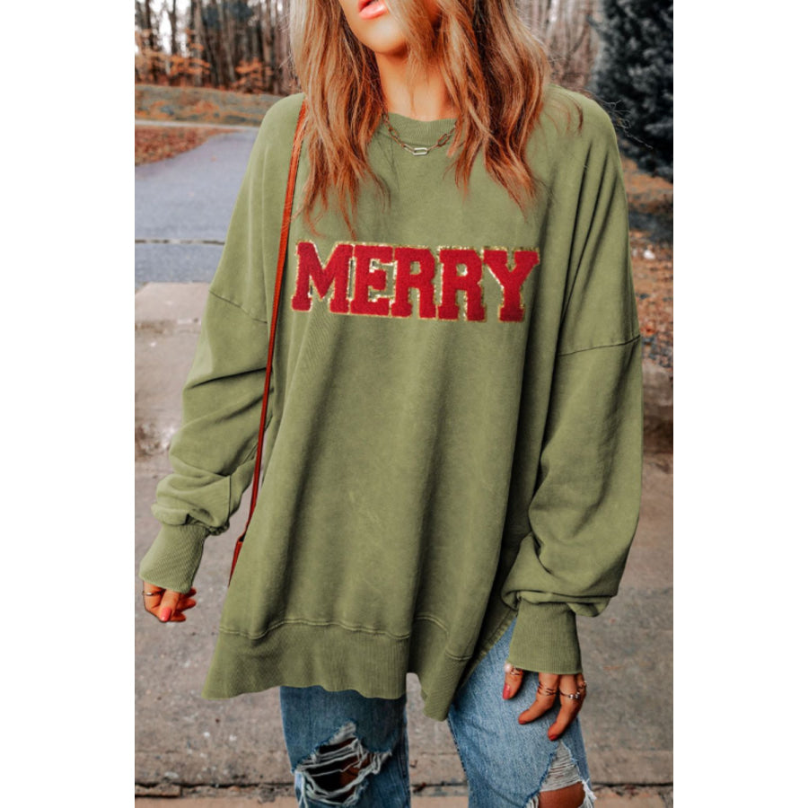 MERRY Side Slit Long Sleeve Sweatshirt Apparel and Accessories