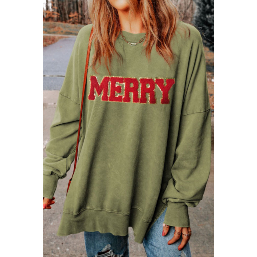 MERRY Side Slit Long Sleeve Sweatshirt Moss / S Apparel and Accessories