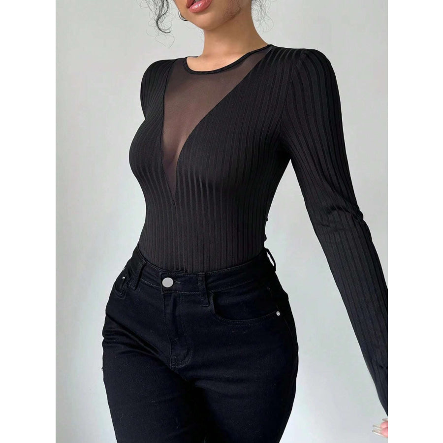 Mesh Detail Round Neck Long Sleeve Top Apparel and Accessories