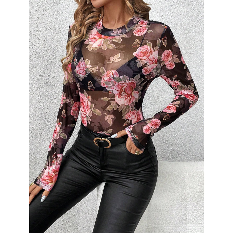 Mesh Floral Mock Neck Long Sleeve Top Apparel and Accessories