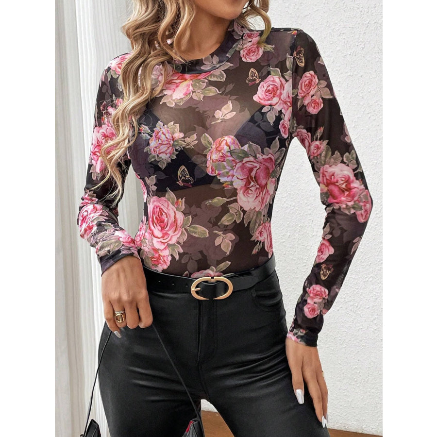 Mesh Floral Mock Neck Long Sleeve Top Apparel and Accessories