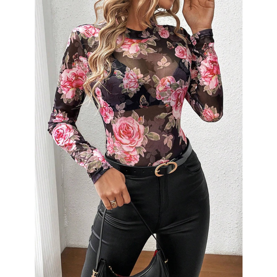 Mesh Floral Mock Neck Long Sleeve Top Apparel and Accessories