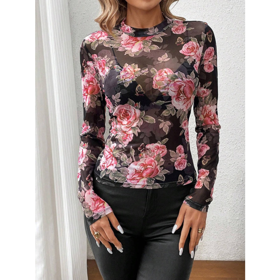 Mesh Floral Mock Neck Long Sleeve Top Apparel and Accessories