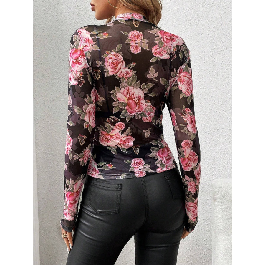 Mesh Floral Mock Neck Long Sleeve Top Apparel and Accessories