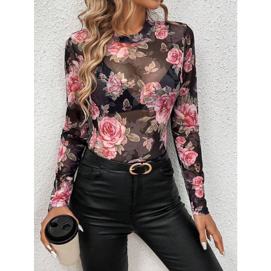 Mesh Floral Mock Neck Long Sleeve Top Black / S Apparel and Accessories