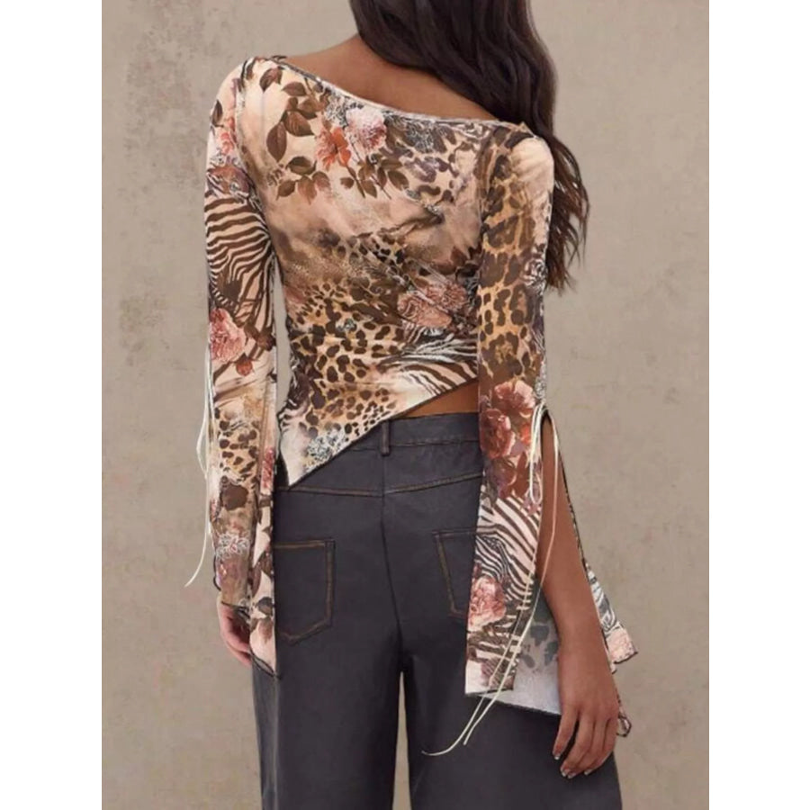 Mesh Floral Print Long Sleeve Asymmetric Top Apparel and Accessories