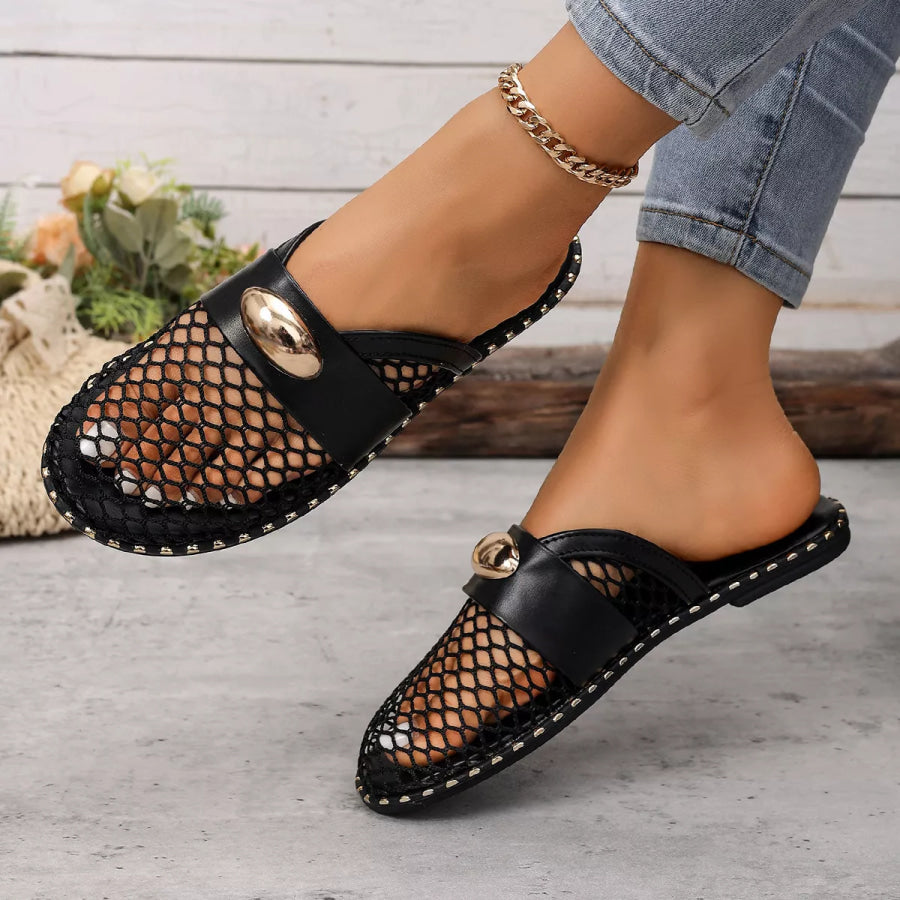 Mesh Hollow-Out Flat Sandals with Metallic Embellishment Apparel and Accessories