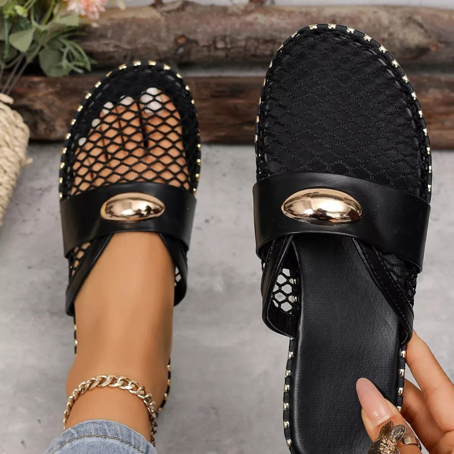 Mesh Hollow-Out Flat Sandals with Metallic Embellishment Apparel and Accessories