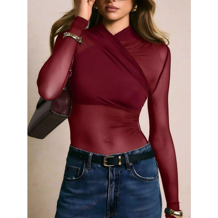 Mesh Long Sleeve Bodysuit Burgundy / S Apparel and Accessories