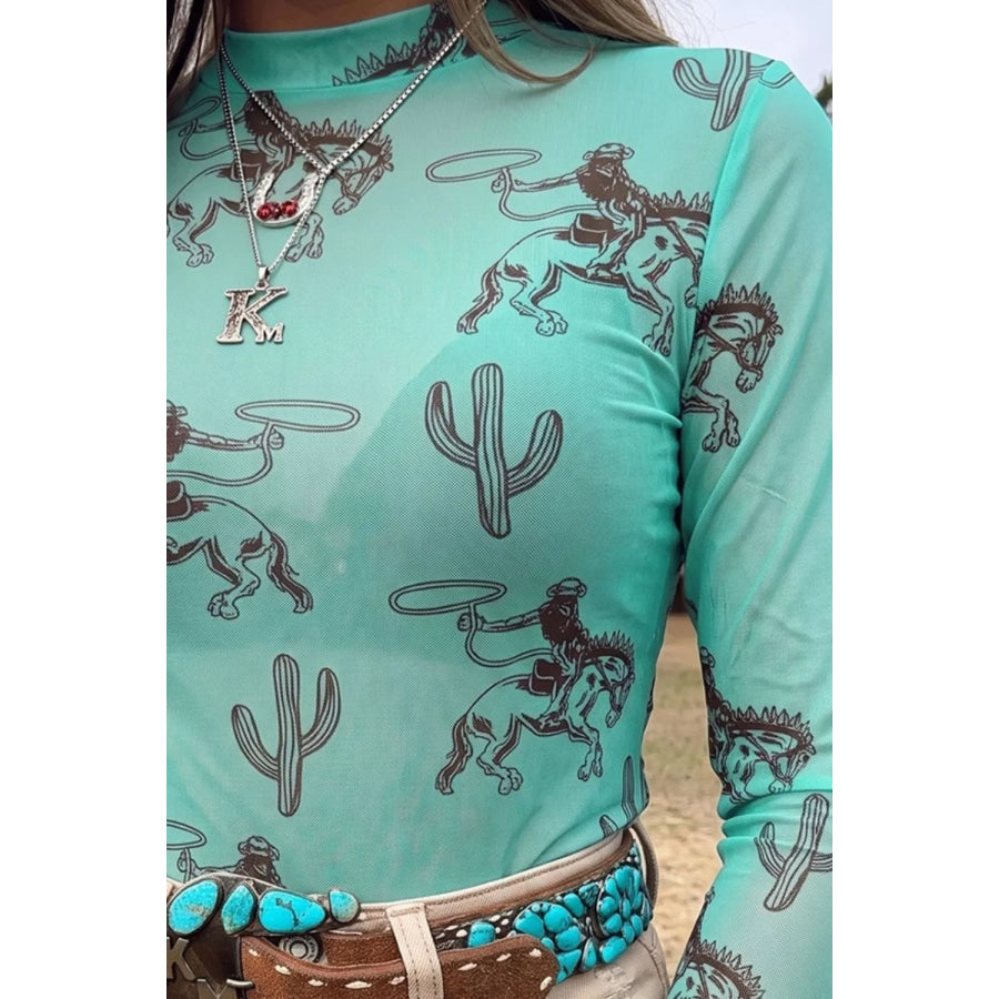 Mesh Long Sleeve T-Shirt with Cowboy and Cactus Print Apparel and Accessories
