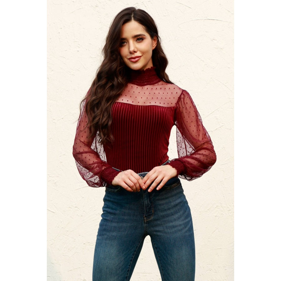 Mesh Long Sleeve Velvet Bodysuit Wine / 2XL