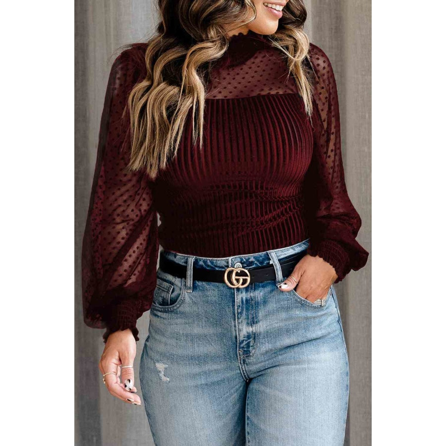 Mesh Long Sleeve Velvet Bodysuit Wine / S