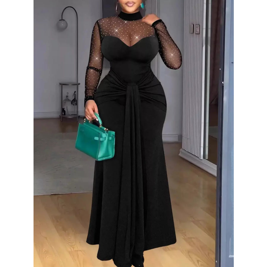 Mesh Mock Neck Long Sleeve Maxi Dress Apparel and Accessories