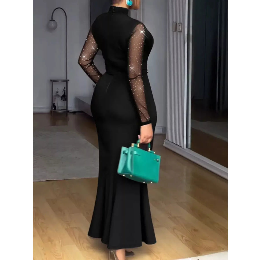 Mesh Mock Neck Long Sleeve Maxi Dress Apparel and Accessories