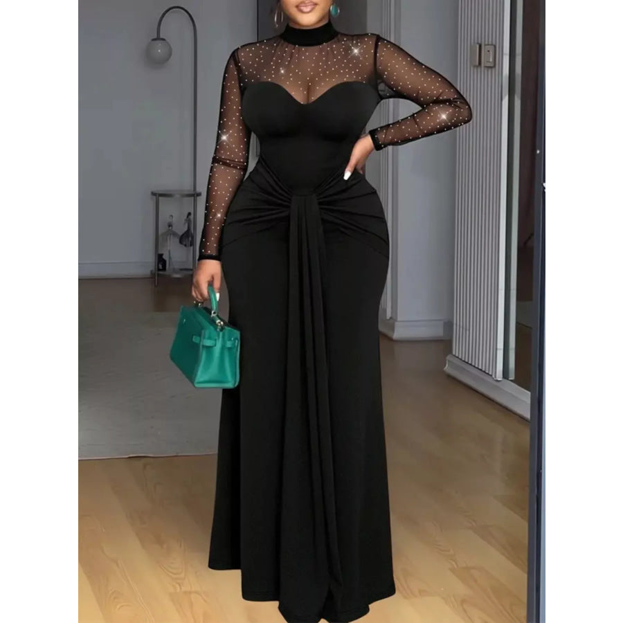 Mesh Mock Neck Long Sleeve Maxi Dress Black / S Apparel and Accessories