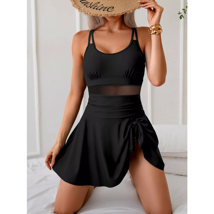 Mesh Panel Scoop Neck One-Piece Swimsuit Apparel and Accessories