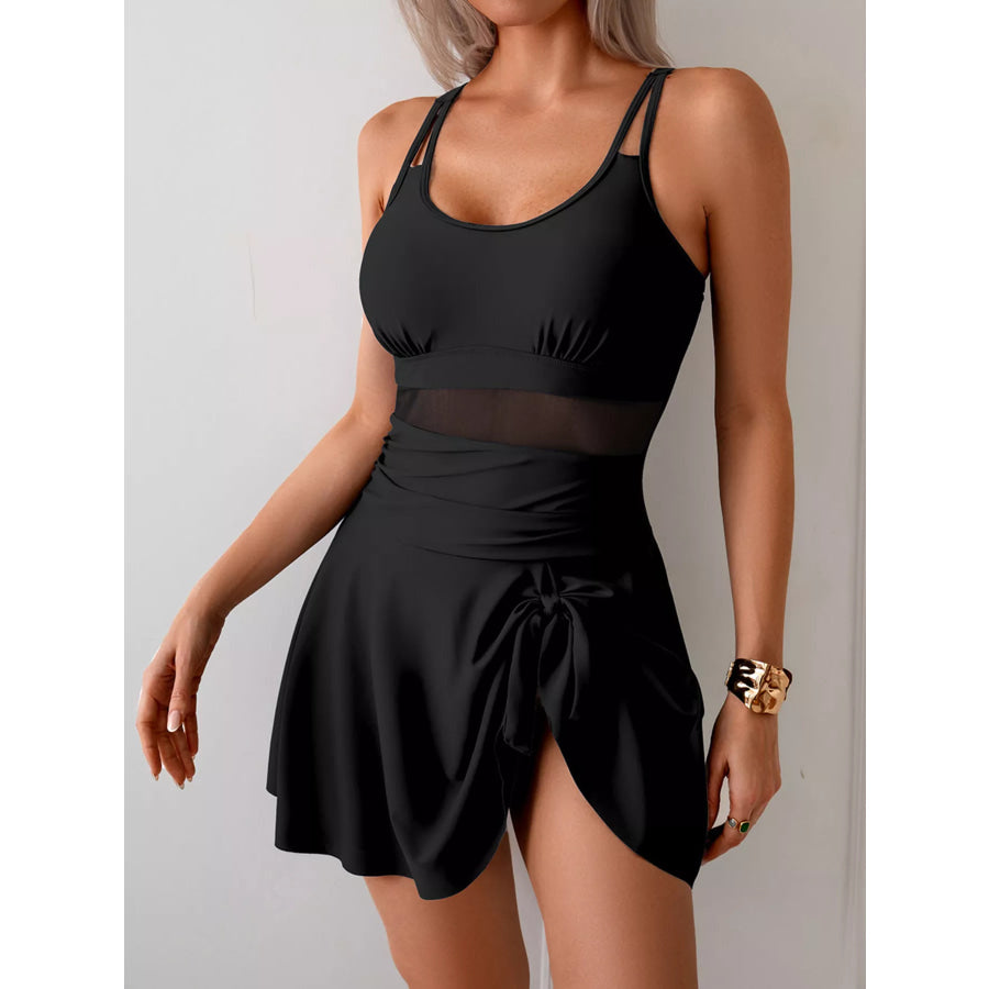 Mesh Panel Scoop Neck One-Piece Swimsuit Black / S Apparel and Accessories
