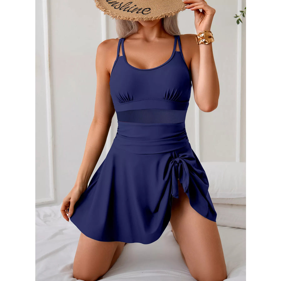 Mesh Panel Scoop Neck One-Piece Swimsuit Navy Blue / S Apparel and Accessories
