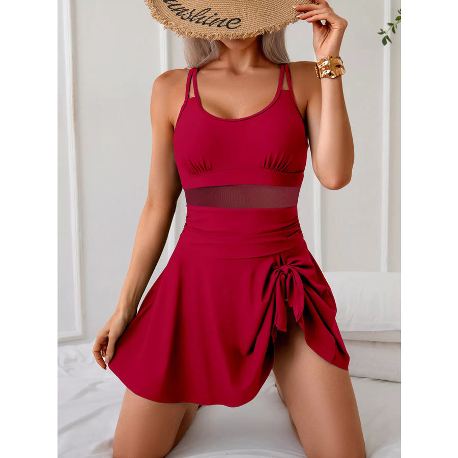 Mesh Panel Scoop Neck One-Piece Swimsuit Wine Red / S Apparel and Accessories