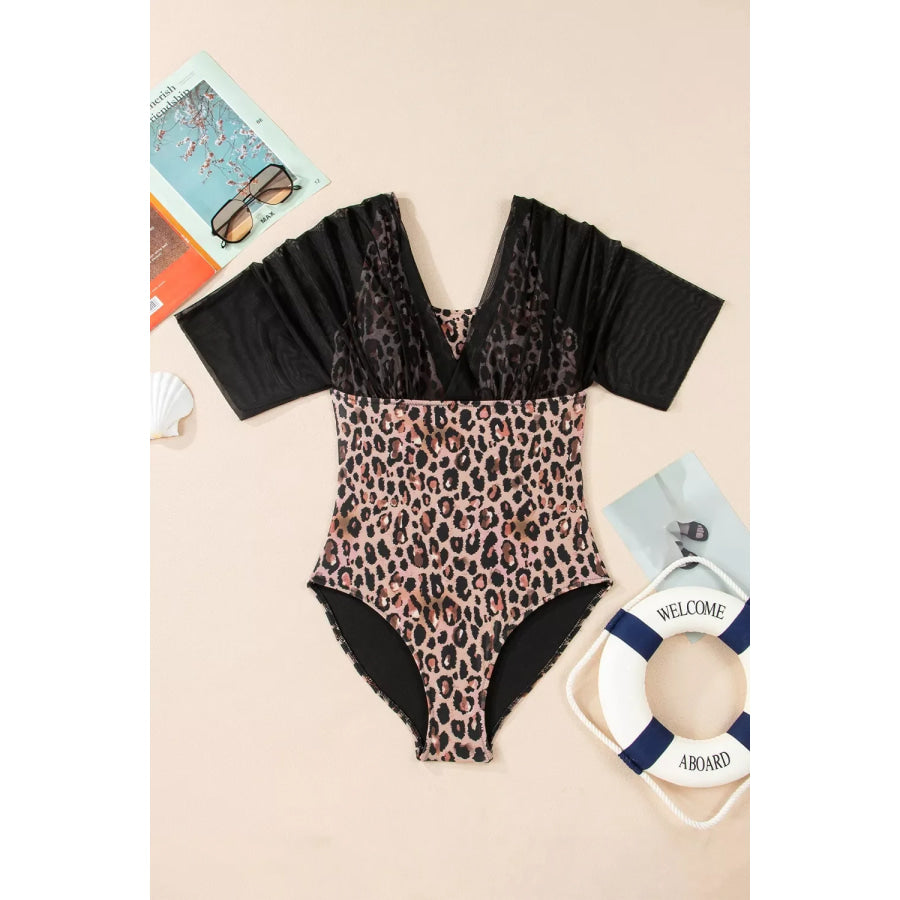 Mesh Patchwork V Neck Half Sleeve Bodycon One Piece Swimwear Apparel and Accessories