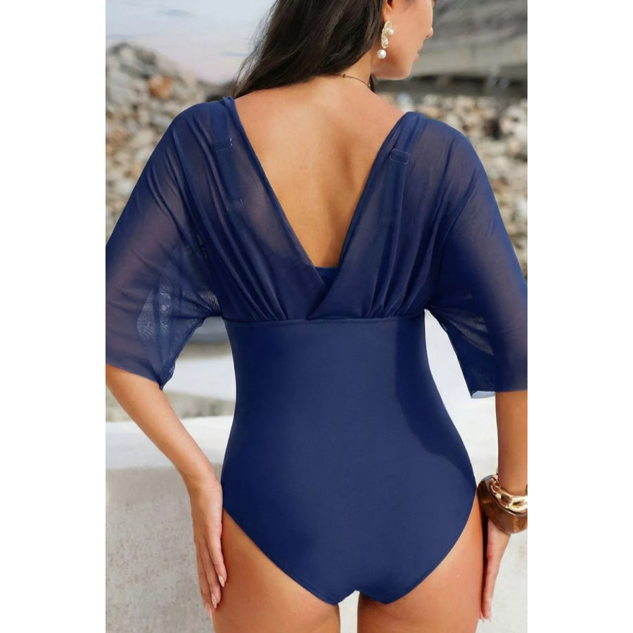 Mesh Patchwork V Neck Half Sleeve Bodycon One Piece Swimwear Apparel and Accessories