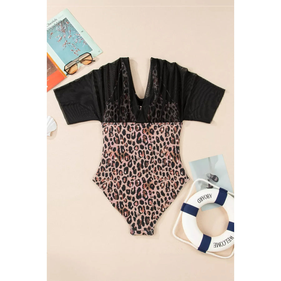 Mesh Patchwork V Neck Half Sleeve Bodycon One Piece Swimwear Apparel and Accessories