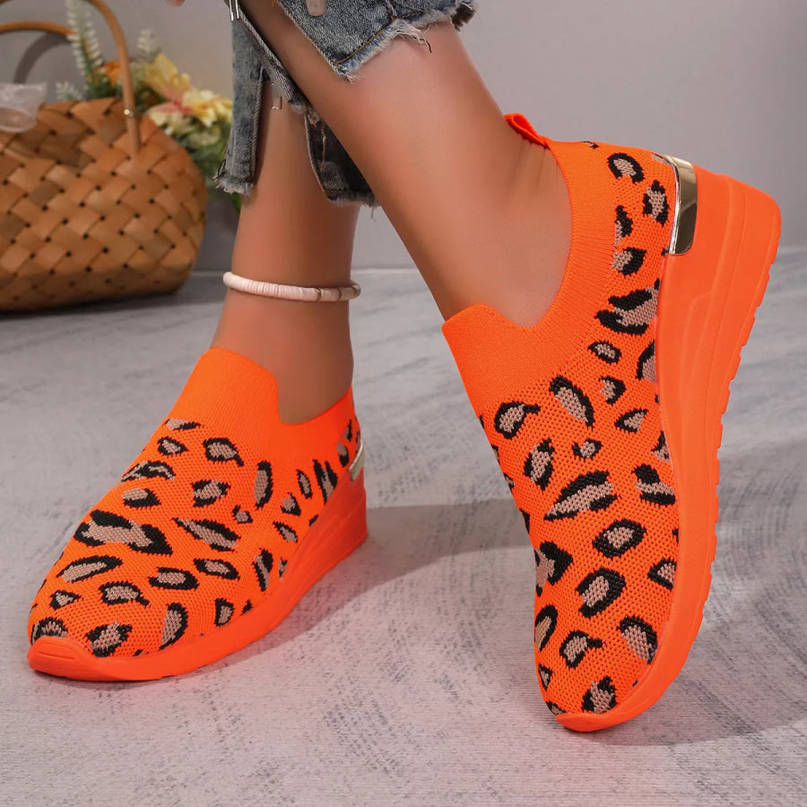 Mesh Round Toe Wedge Athletic Orange Leopard Print / 37 Apparel and Accessories