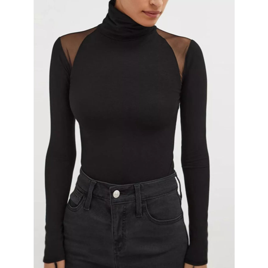 Mesh Shoulder Turtleneck Bodysuit Black / S Apparel and Accessories