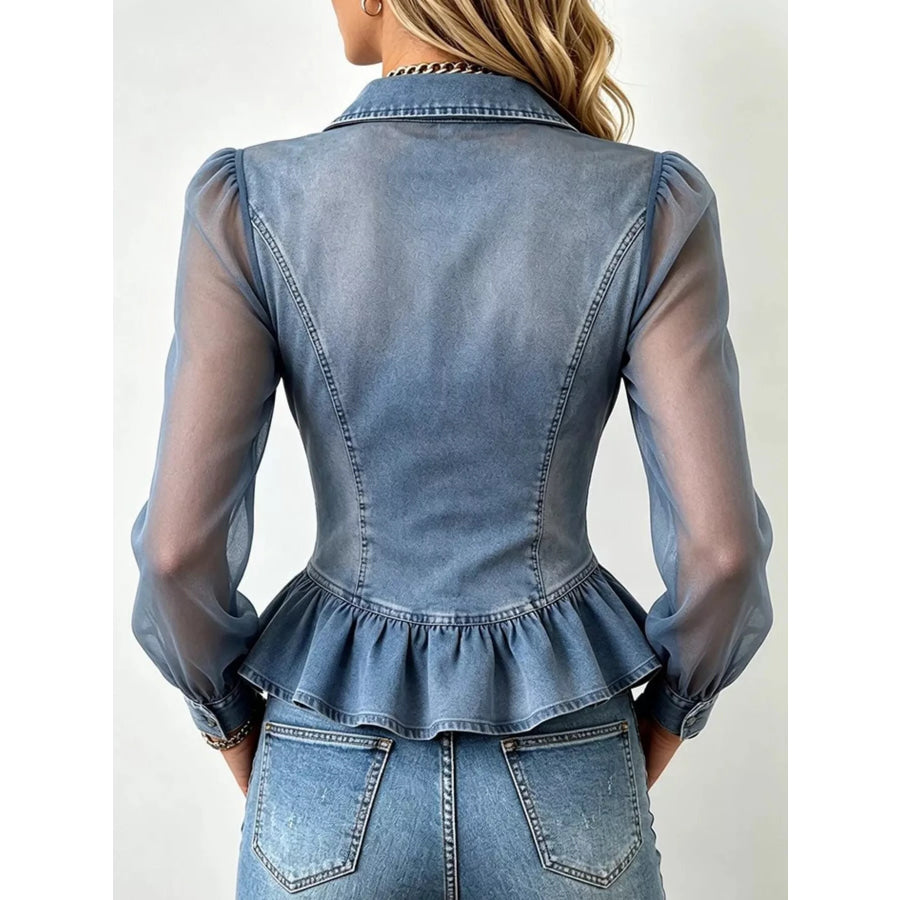 Mesh Sleeve Peplum Denim Top with Front Zipper Dusty Blue / S