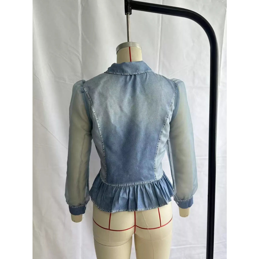 Mesh Sleeve Peplum Denim Top with Front Zipper