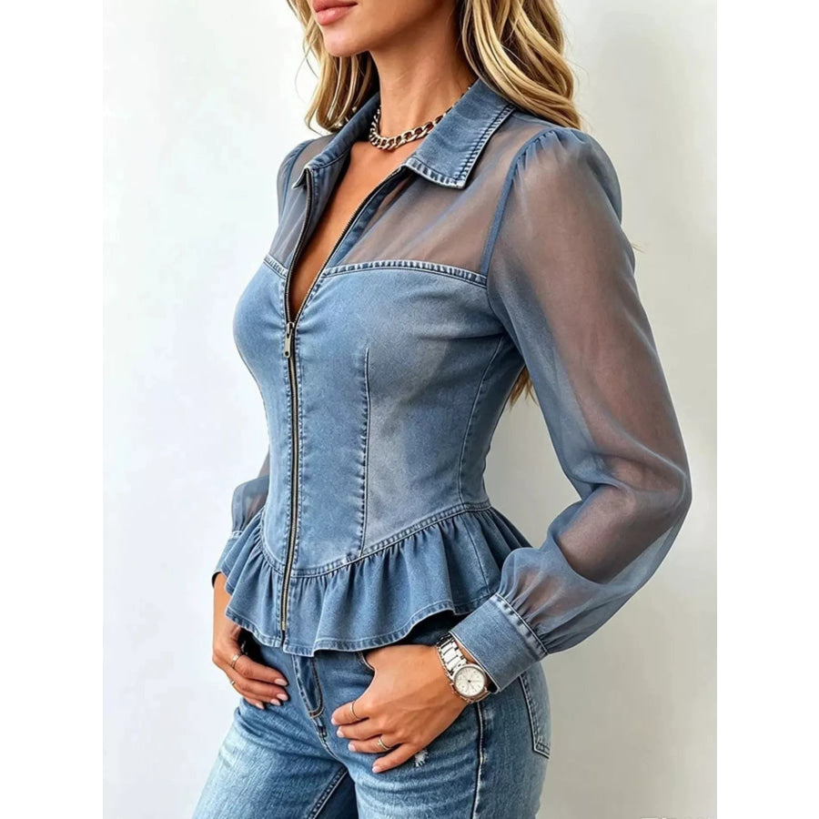 Mesh Sleeve Peplum Denim Top with Front Zipper