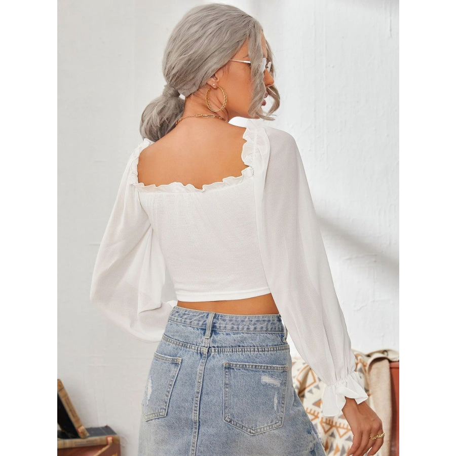 Mesh Sweetheart Neck Flounce Sleeve Top White / S Apparel and Accessories