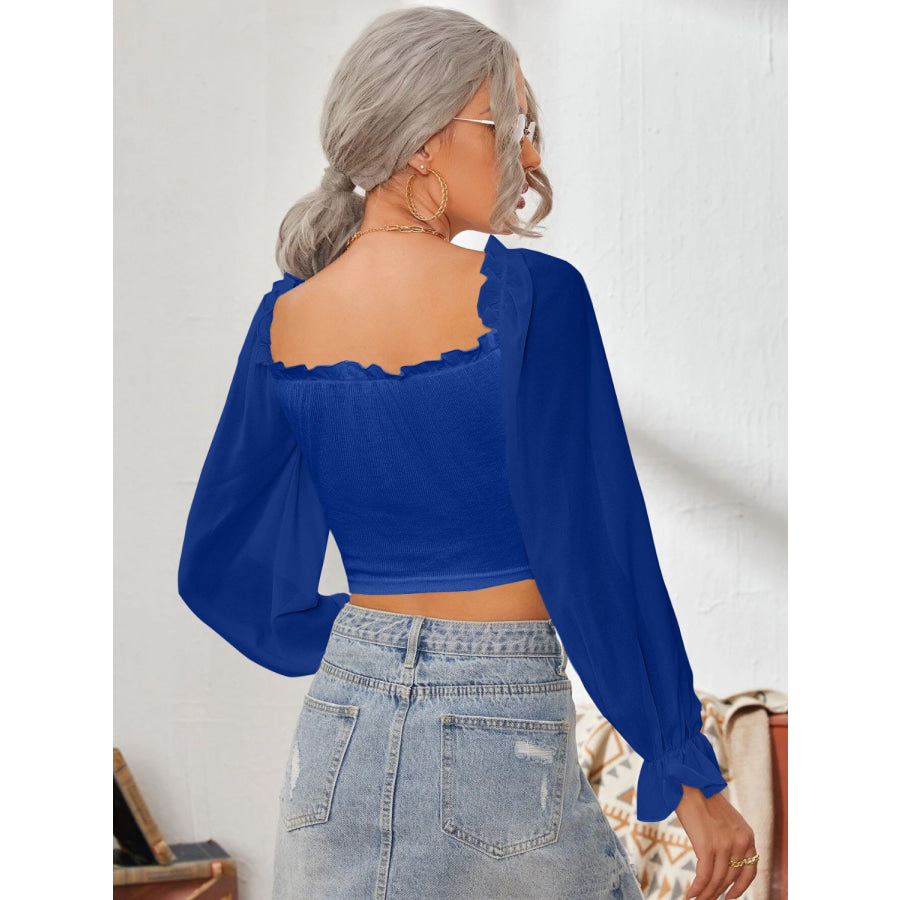 Mesh Sweetheart Neck Flounce Sleeve Top Apparel and Accessories