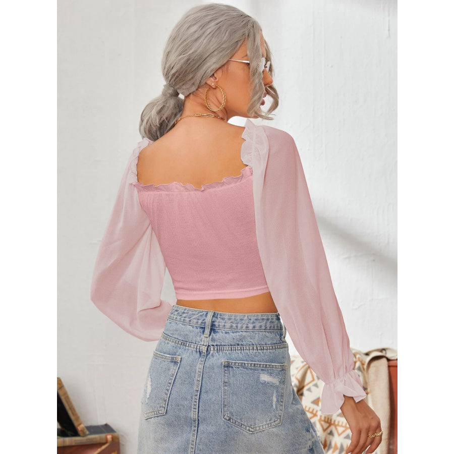 Mesh Sweetheart Neck Flounce Sleeve Top Apparel and Accessories