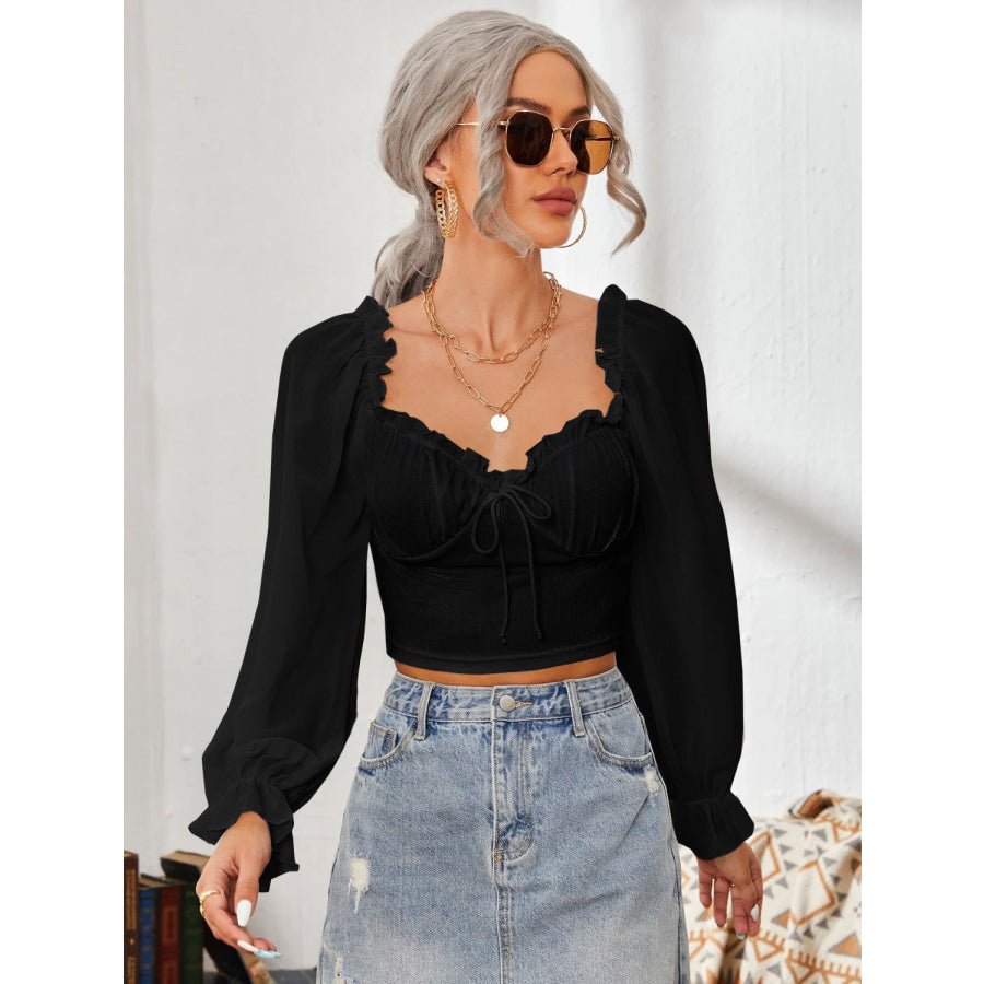 Mesh Sweetheart Neck Flounce Sleeve Top Black / S Apparel and Accessories