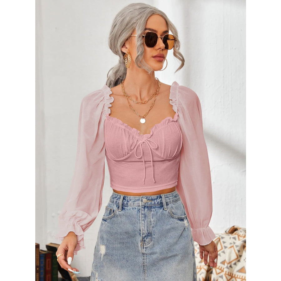 Mesh Sweetheart Neck Flounce Sleeve Top Blush Pink / S Apparel and Accessories
