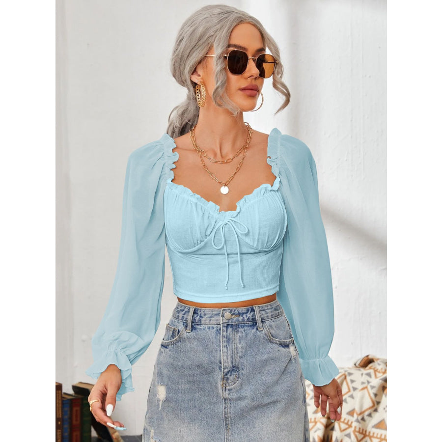 Mesh Sweetheart Neck Flounce Sleeve Top Pastel Blue / S Apparel and Accessories