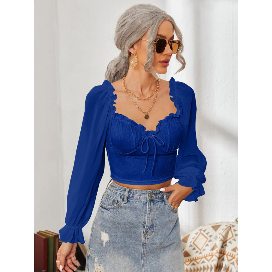 Mesh Sweetheart Neck Flounce Sleeve Top Royal Blue / S Apparel and Accessories