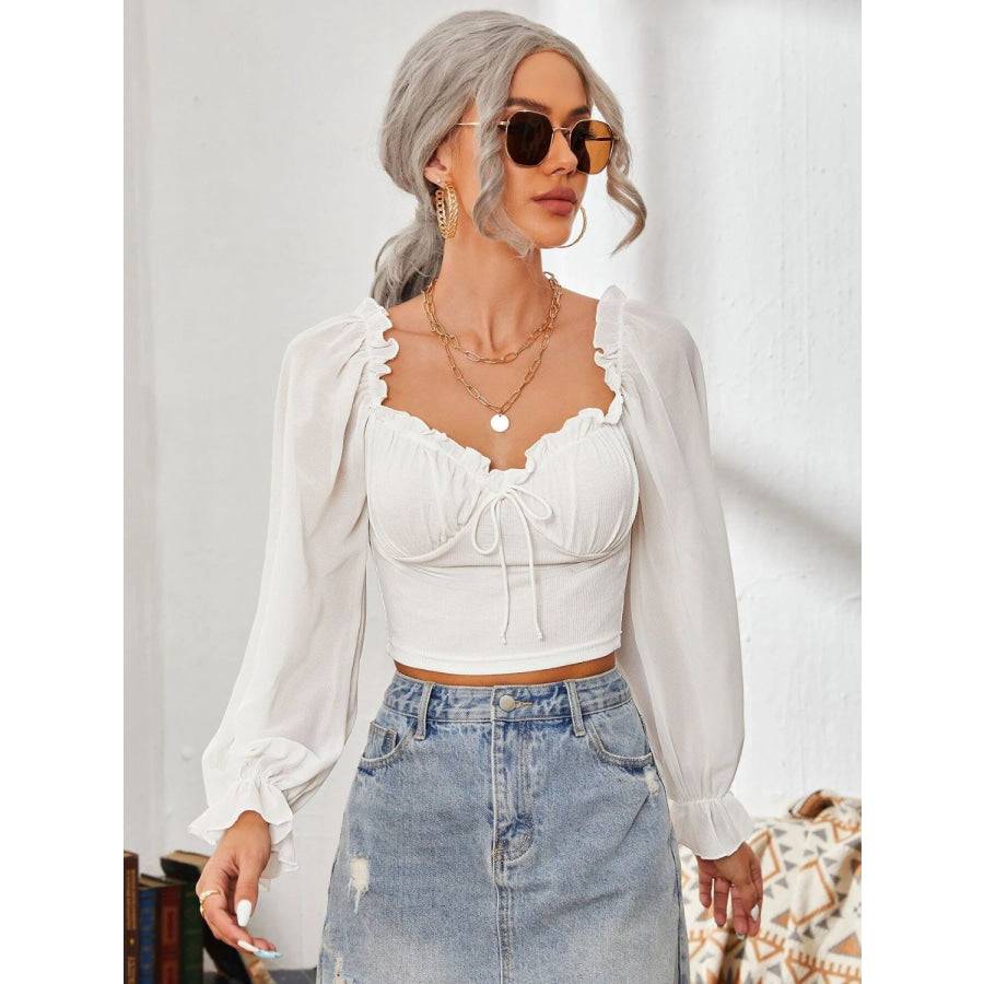 Mesh Sweetheart Neck Flounce Sleeve Top White / S Apparel and Accessories