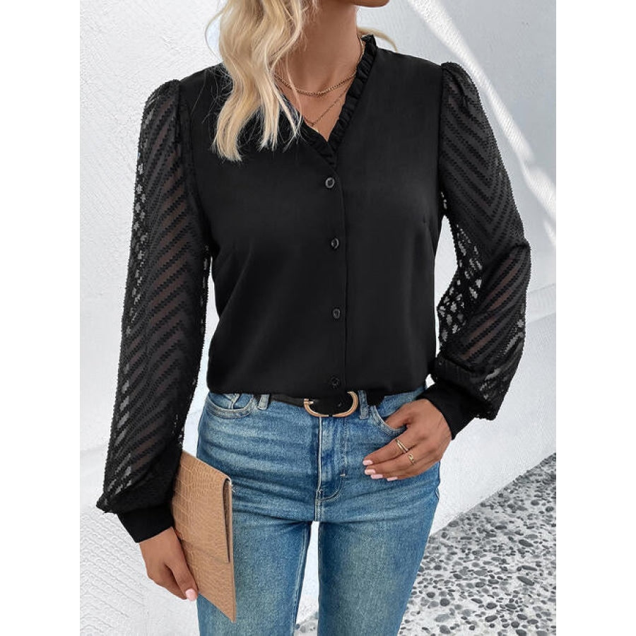 Mesh V-Neck Button Front Blouse Black / S