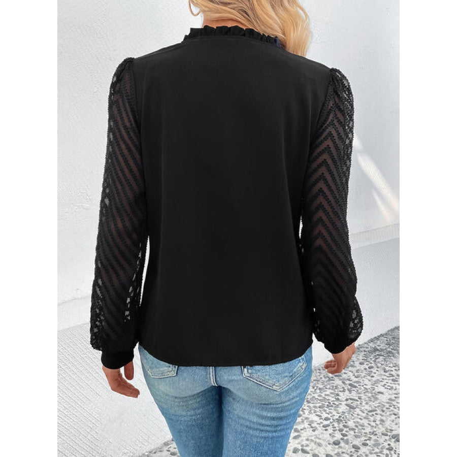 Mesh V-Neck Button Front Blouse Black / S