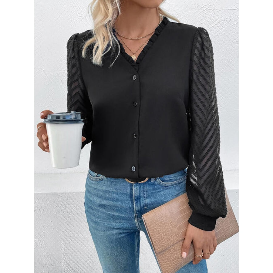 Mesh V-Neck Button Front Blouse