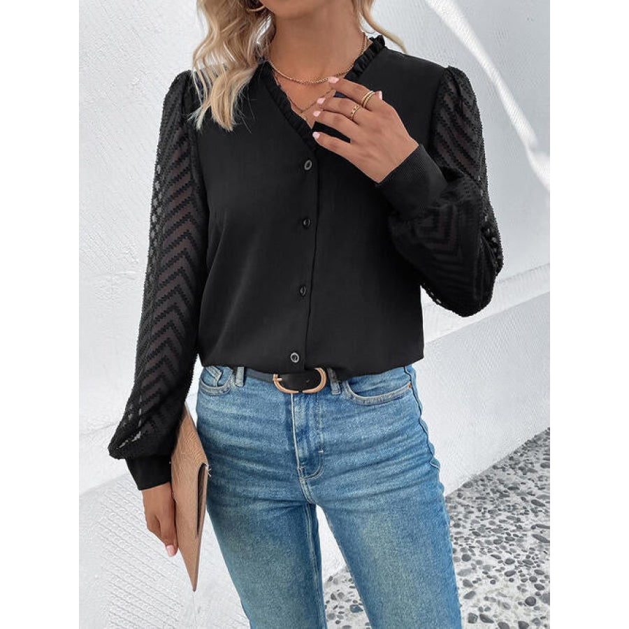 Mesh V-Neck Button Front Blouse