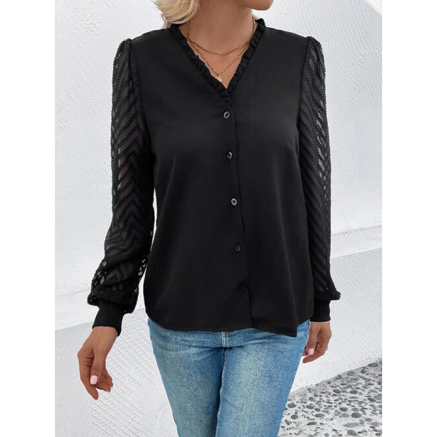 Mesh V-Neck Button Front Blouse